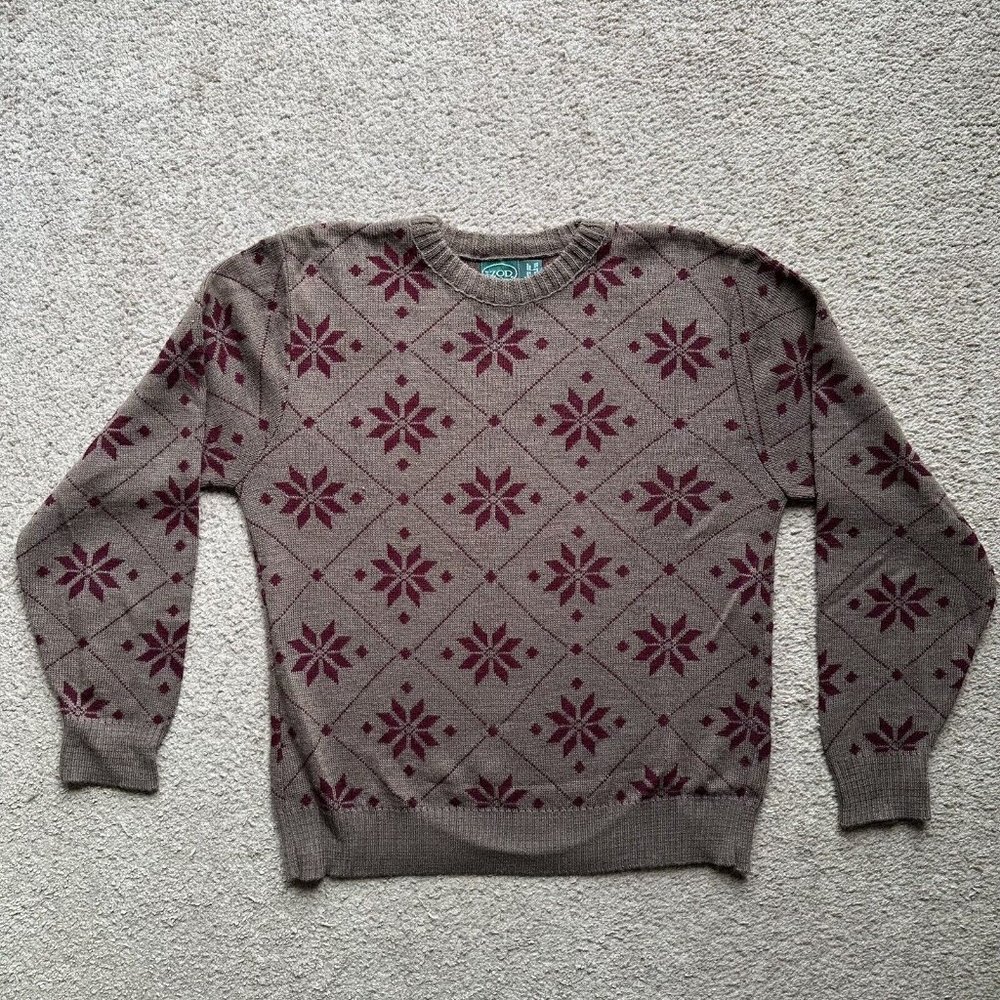 Izod Sweater Mens Large Vtg Snowflakes Crewneck Brown Red Long Sleeve Acrylic